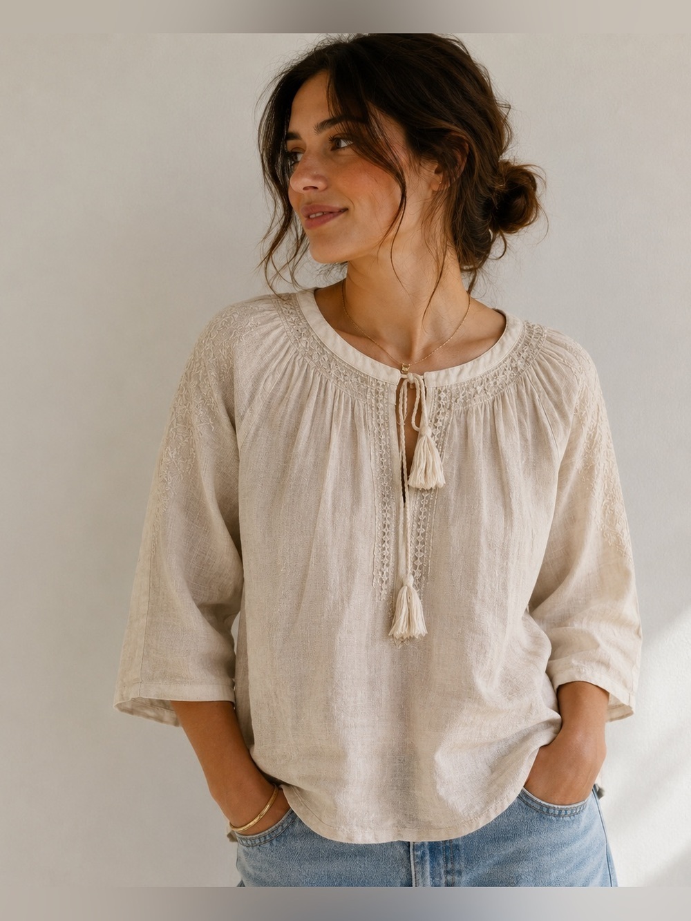 MAGASCHONI Linen Embroidered Peasant Top
Hemp Medium